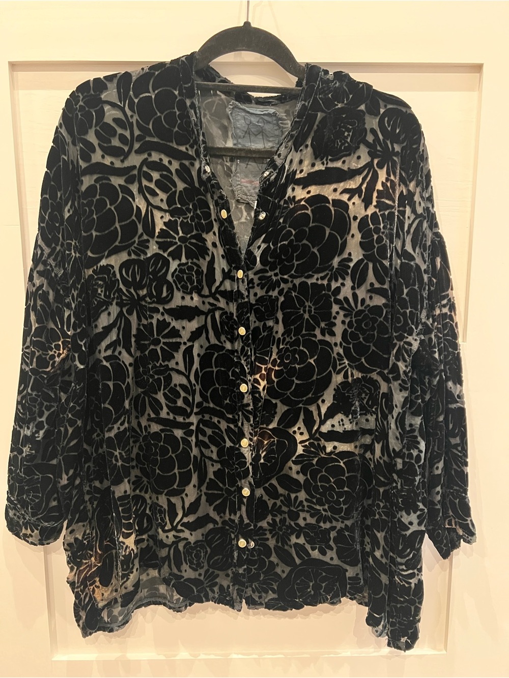 Johnny Was Black Velvet Floral Button-Down Shirt